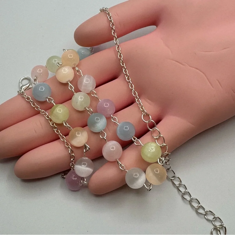 New Selenite Bead Necklace Pastel Multicolor Silver Tone Chain
